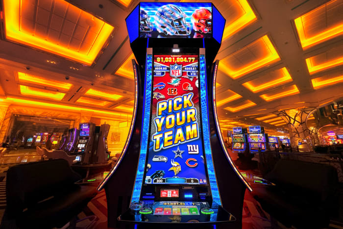 An NFL-themed slot machine in a Las Vegas casino.